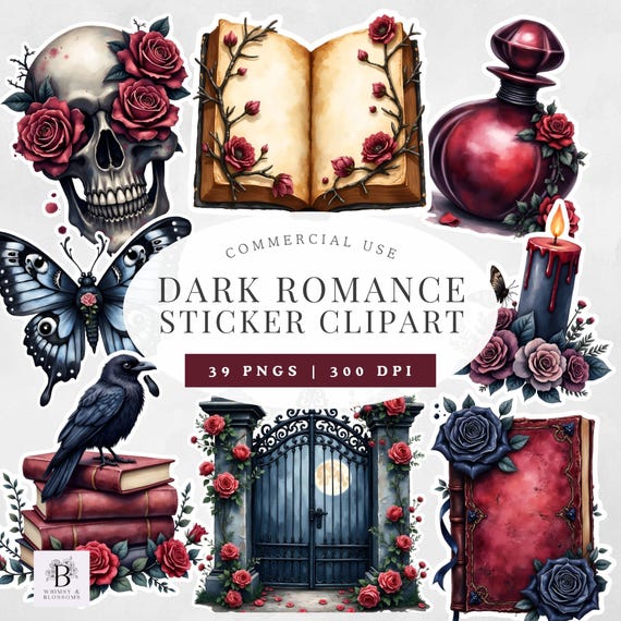Dark Romance Sticker Clipart, 39 PNG Gothic Clipart Bundle, Dark Floral Clipart, Junk Journal Ephemera, Digital Stickers Commercial Use