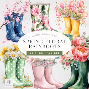 Könnte beinhalten: Aquarellillustration von frühlingshaften Blumen-Regenstiefeln in verschiedenen Farben, darunter Blau, Weiß, Gelb, Grün und Rosa. Die Stiefel sind mit Blumen und Blättern verziert. Der Text "SPRING FLORAL RAINBOOTS" wird angezeigt.