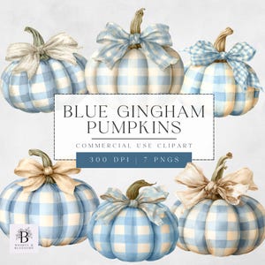 May include: Watercolor illustration of six pumpkins with blue and white gingham patterns. Each pumpkin has a beige or blue bow and a green stem. The text "BLUE GINGHAM PUMPKINS" is displayed in the center, with "COMMERCIAL USE CLIPART" below.