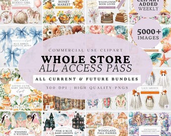 May include: A digital collection of commercial use clipart bundles featuring diverse themes including rodeo, honey market, wildflowers, blue bows, ghosts, fairies, and mermaids, with text overlays stating Whole Store All Access Pass and 300 DPI.