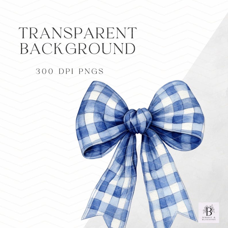 May include: A blue and white gingham bow with a watercolour effect. The bow is tied in a knot and the ends are flowing. The background is white.
