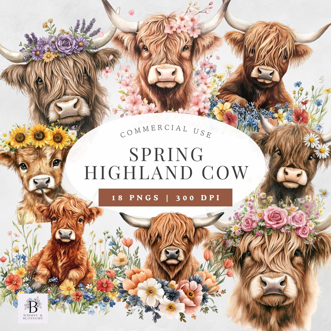 Spring Highland Cow Clipart Bundle, Floral Highland Cow PNG, Baby ...