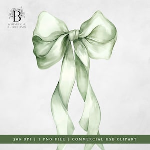 Può includere: Illustrazione ad acquerello di un grande fiocco verde salvia con lunghi nastri fluenti. Il fiocco è legato al centro e ha un aspetto morbido e strutturato. L'immagine include il testo "Whimsy & Blossoms" e "300 DPI | 1 PNG FILE | COMMERCIAL USE CLIPART".
