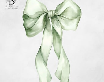 Sage Green Bow Png - Green Ribbon Clipart - Watercolor Coquette Bow - Cute Clipart Designs  - Commercial Use - Instant Download