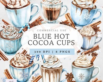 Hot Chocolate Mug Png, Blue Hot Cocoa Cups, Cozy Winter Clipart, Watercolor Design, For Commercial Use, 300dpi, Transparent
