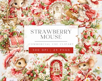 Mouse And Strawberry Clipart, Watercolor Strawberry , Whimsical Children&#39;s Clipart, Digital Download, Commercial Use, Digital Craft Supplies