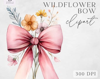 Watercolor Wildflower Pink Bow Clipart Png - Pink Floral Bow Clipart - Floral Pink Bow - Commercial Use - Instant Download - PNG 300dpi
