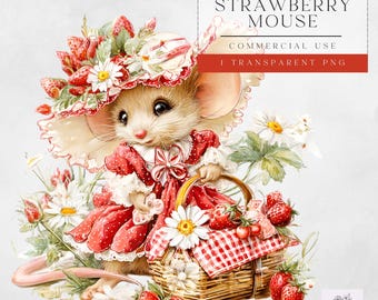 Strawberry Mouse Clipart, Cute Mice PNG Graphics, Digital Download for Summer Crafts, Whimsical Art for Kids - Picnic Art - Commercial Use
