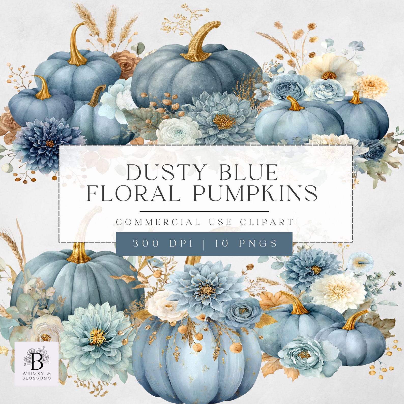 Dusty Blue Floral Pumpkin Clipart, Watercolor Fall Pumpkin Clipart ...
