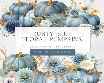 Dusty Blue Floral Pumpkin Clipart, Watercolor Fall Pumpkin Clipart, Transparent PNG for Commercial Use