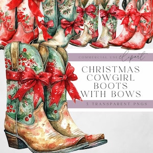 Christmas Cowgirl Boots Clipart- Christmas Clipart - High Quality - Instant Download - Christmas Western - Watercolor PNG - Transparent