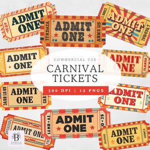 Peut inclure: Plusieurs billets de carnaval vintage avec l'inscription "ADMIT ONE" en gras. Les billets présentent un design rétro avec des accents rouges, jaunes et bleus, et des motifs d'étoiles. L'image comprend également le texte "CARNIVAL TICKETS".