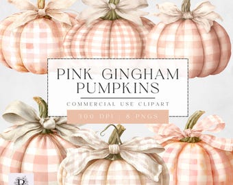 Pink Gingham Pumpkin Clipart, Watercolor Pumpkin Bows Clipart, Transparent PNG for Commercial Use