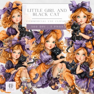 Little Girl And Black Cat Clipart - Halloween Illustration- Transparent PNG for Commercial Use - High Quality - Instant Download - Cute Cat