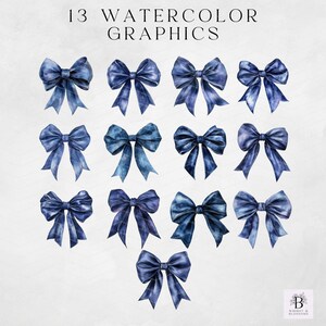 May include: Thirteen watercolor illustrations of blue bows. The bows are in various positions and have a tie-dye effect.