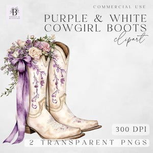 Aquarell Cowgirl Stiefel Clipart- Lila und weiße Blumen Stiefel Grafiken, Sublimationskunst, digitaler Download - Clipart kommerzielle Nutzung