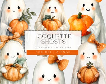 Orange Coquette Ghosts,  Cute Halloween PNG, Ghost with Bow Clipart, Watercolor Ghost Art, Coquette Design, For Commercial Use, 300dpi