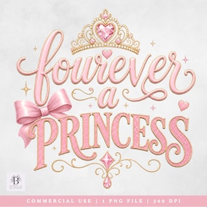 May include: A digital graphic featuring the text "forever a PRINCESS" in pink script and block lettering. A gold tiara with a pink heart-shaped gem sits above the text, accompanied by a pink ribbon bow and small gold star accents.