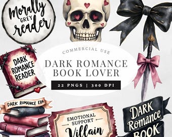 Dark Romance Clipart Bundle, Morally Grey Reader PNG, Dark Romance Reader, Emotional Support Villain, Gothic Book Lover Clipart, Commercial