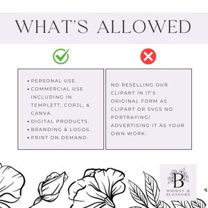 May include: A graphic with a green checkmark and a red X. The text "WHAT'S ALLOWED" is at the top of the graphic. The text under the checkmark says "PERSONAL USE. COMMERCIAL USE INCLUDING IN TEMPLETT, CORJL, & CANVA. DIGITAL PRODUCTS. BRANDING & LOGOS. PRINT ON DEMAND." The text under the red X says "NO RESELLING OUR CLIPART IN IT'S ORIGINAL FORM AS CLIPART OR SVGS NO PORTRAYING/ ADVERTISING IT AS YOUR OWN WORK." The graphic also includes a logo with the text "WHIMSY & BLOSSOMS" and the letter "B" in a floral design.