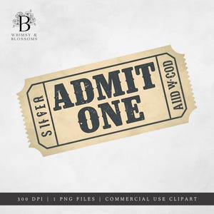 May include: A cream-coloured vintage ticket with the words "ADMIT ONE" in bold, dark letters. The ticket has a distressed look and a jagged edge. The text "SIFFER" and "AIID WCOD" are also visible.