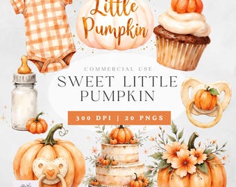 Little Pumpkin Watercolor Clipart, Neutral Orange Baby Shower Clipart, Digital Download for Invitations, Commercial Use PNGs