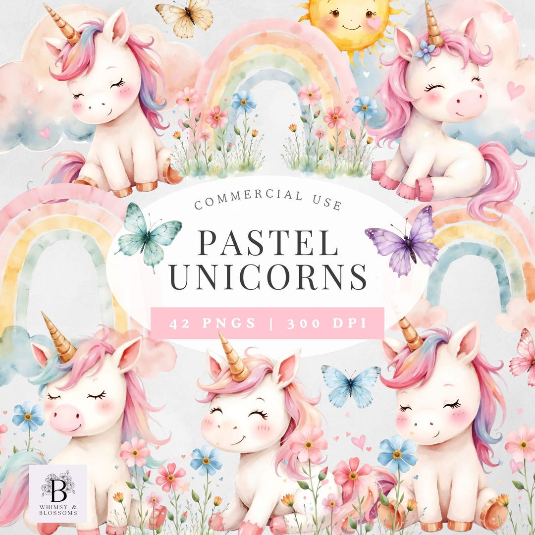Pastel Unicorn Clipart Set | Rainbows & Butterflies, Nursery Clipart ...