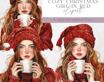 Pode incluir: Clipart em aquarela com tema natalino aconchegante. A imagem mostra uma mulher com longos cabelos ruivos, usando um chapéu e suéter vermelhos, segurando uma caneca branca. O texto diz "COZY CHRISTMAS GIRL IN RED clipart".