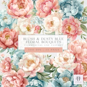 Dusty Blue And Blush Watercolor Flowers, Wedding Clipart, Watercolor Floral Designs, Pastel Florals, Digital Download, Commercial Use