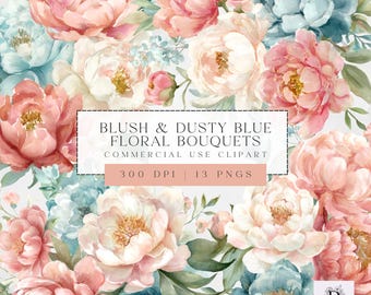 Dusty Blue And Blush Watercolor Flowers, Wedding Clipart, Watercolor Floral Designs, Pastel Florals, Digital Download, Commercial Use