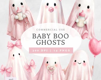 Paquete de imágenes prediseñadas de fantasmas de Baby Boo rosa, paquete de imágenes prediseñadas de Halloween coquetas, diseño de acuarela, para uso comercial, 300 dpi, transparente