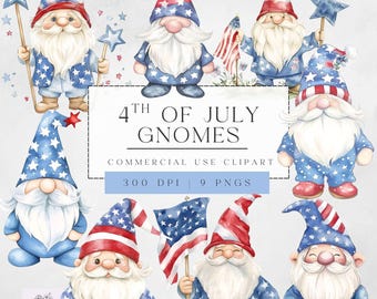 4th Of July Gnome Clipart, Cute Patriotic Gnome PNG, Independence Day Art, Sublimation Design, Instant Download, Commercial Use Clipart Pack