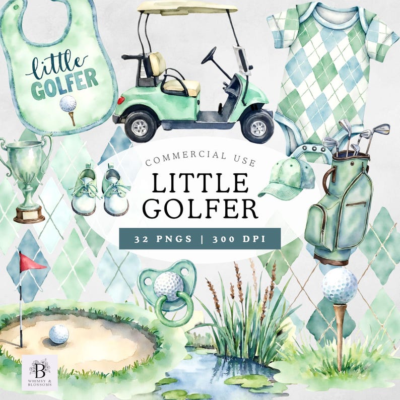 Golf Pacifier Little Golfer Baby Shower Clipart | Watercolor Golf PNG Bundle | Golf ...