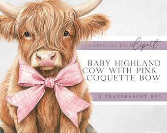 Baby Highland Cow With Pink Bow Png - Coquette Bow - Cute Baby Highland Cow Clipart for Commercial Use - Instant Download - High Quality PNG
