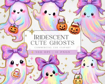 Iridescent Ghost Clipart,  Cute Halloween PNG, Spooky Digital Download, Kawaii Ghost Art, Coquette Design, For Commercial Use, 300dpi