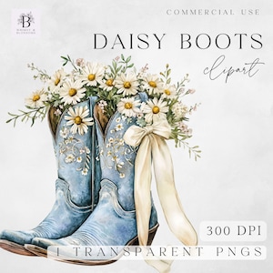 Watercolor Cowgirl Boots Clipart- Blue Floral Boots Graphics, Sublimation Art, Digital Download - Clipart Commercial Use - Daisy - 300dpi
