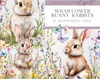 Wildflower Bunny Clipart - Bunny Butterfly Clipart -  Spring Rabbit in Flowers Art - Digital Download for Card Making - Cute - Transparent