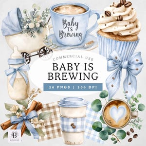 May include: Watercolor illustration with a baby theme. Features a baby carriage, baby bottle, coffee cup with "Baby is Brewing" text, cupcake, bow, and coffee cups. Includes cinnamon sticks, eucalyptus, and coffee beans. The image has a soft, pastel color palette.