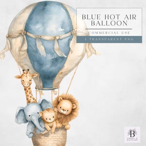 May include: A watercolour illustration of a blue and cream hot air balloon with a giraffe, elephant, lion, and bear in a woven basket. The image includes the text "BLUE HOT AIR BALLOON".