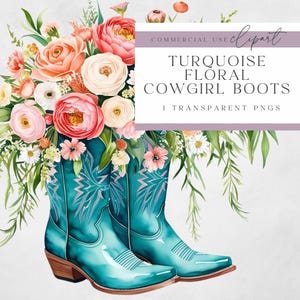 Cowgirl Boots With Flowers Clipart- Turquoise Cowgirl Boot Clipart - Western - Coastal Cowgirl - Digital Download - High Quality Clipart
