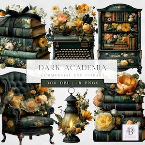 Dark Academia Clipart - Book Lovers Clipart - Floral Bookstacks - Gothic Reading Clipart - PNG - Transparent Background - 18 Clipart