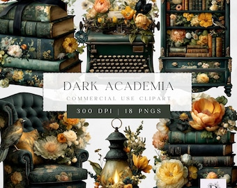 Dark Academia Clipart - Book Lovers Clipart - Floral Bookstacks - Gothic Reading Clipart - PNG - Transparent Background - 18 Clipart