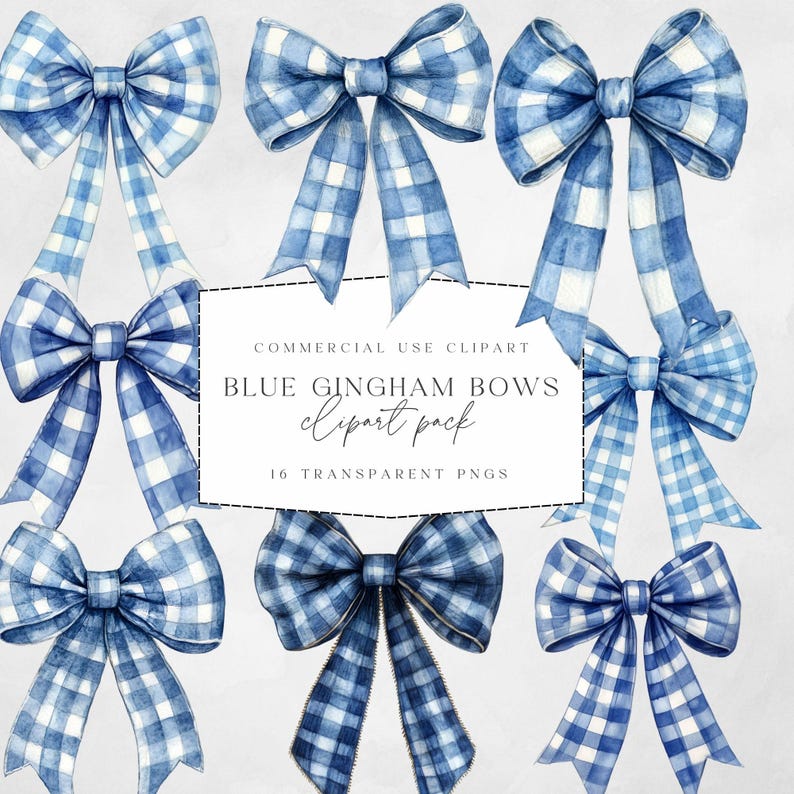 May include: A set of 16 blue gingham bows, ideal for adding a touch of charm to your crafts and projects. These watercolour-style bows are available as transparent PNG files, making them easy to use in digital designs.