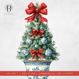 May include: Watercolor illustration of a Christmas tree in a decorative pot. The tree is adorned with red bows and blue and white ornaments. The pot has a blue and white floral design. The text "WHIMSY & BLOSSOMS" is in the upper left corner.