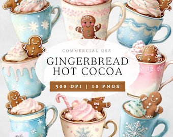 Imágenes prediseñadas de chocolate caliente con pan de jengibre, PNGs navideños en acuarela pastel, descarga digital, chocolate caliente navideño