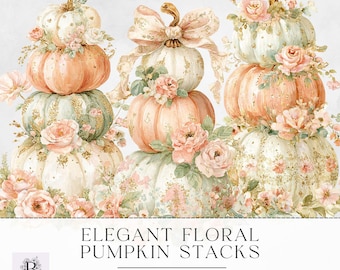 Coquette Pumpkin Stack Png, Watercolor Elegant Floral Pumpkin Stack with Bows Clipart, Transparent PNG for Commercial Use