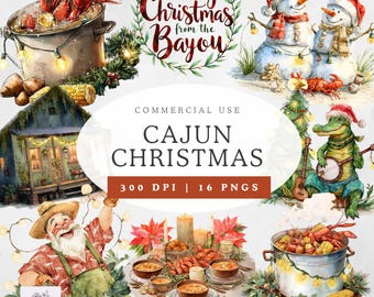 Cajun Christmas Clipart, Watercolor Quirky Christmas Clipart, Transparent PNG for Commercial Use