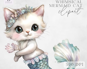 Mermaid Cat Png - Watercolor Purrmaid Design - Cute Cat PNG - Digital Download - High Quality - Cute Kitten Mermaid Clipart - High Quality