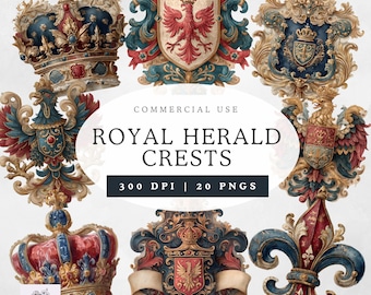 Royal Herald Wappen Clipart | Mittelalterliche Wappen PNGs | Vintage Kronen Embleme | Barocke Illustrationen | 300 DPI | Kommerzielle Nutzung