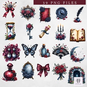 May include: A collection of 39 PNG files featuring watercolor illustrations with a gothic, vintage theme. Includes roses, butterflies, hourglasses, keys, and other decorative elements in shades of burgundy, blue, and gold.